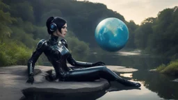 Fantasy Photo Of A Woman With Black Hair, Wearing A robot-looking catsuit, Sitting sideways On A Ledge next to a Pond, With A Planet Behind Her Head