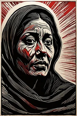 create an abstract, deeply powerful tragic and evocative, full body color woodcut of a raw and weathered Palestinian woman with highly detailed and deeply cut facial features, lost in a horrific post apocalyptic Gaza, in the style of KATHE KOLLWITZ , searing lines and forceful strokes