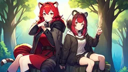 Two Girls, red hair, raccoon ears, raccoon tail, raccoon face, forest, sit on tree, raccoon paws on hand, paws on foot, coat on neck,with tongue out