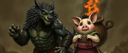bad hairy chest wolf dragon kobold carrying a lovely scared wtf are you up to, chinese pig girl with dress under his arms, big cauldron in the background in the style of escher and fallout 4