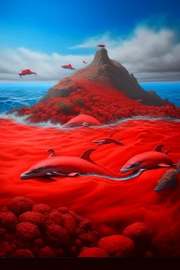 A red volcanic island with dolphins painted by Zosan