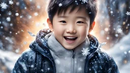 Magical Fantastic young happy Chinese male child, Liquid Structure, Flying snowflakes, excitement, Splash, Portrait Photography, Fantasy Background, Intricate Patterns, Ultra Detailed, Luminous, Radiance, Ultra Realism, Complex Details, Intricate Details, 16k, HDR, High Quality, Trending On Artstation, Sharp Focus, Studio Photo, Intricate Details, Highly Detailed
