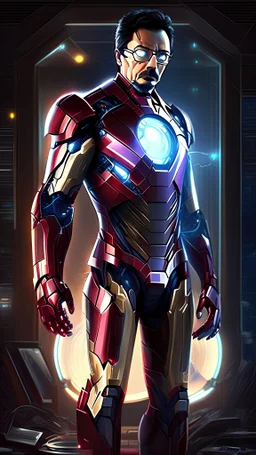 Produce an image of the real Tony Stark with incredible ultra sophisticated and unseen previously ironman suit standing confidently amidst his cutting-edge inventions, exuding youthful energy and determination. The surroundings should showcase sleek design, with vibrant lights and technological marvels that highlight Tony's brilliance.