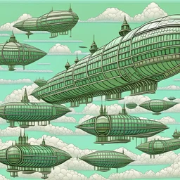 Mint colored airships in the sky designed in ancient Greek mosaics painted by MC Escher