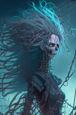 female lich with barbed wire as hair, anime style, depth of field, nvidia graphics, lightrays, trending art, movie poster