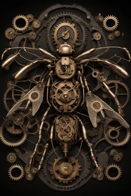 steampunk metal insect with wings, surrounded by cogs and springs, black background