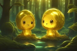 cute chibi slime radiant golden glow in mystical bioluminescent forest , highly detailed , cute facial features , 3D reflections