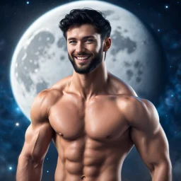 Hyper Realistic Shirtless Muscular Young Handsome man with beard & short black hair & blue eyes on moon smiling in outer space