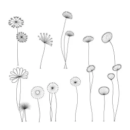 set of grow wind flowers on the grace, SIMPLE ONE lineS art, white background, minimalis, different view, only white bakcground solid.