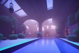  courtyard ,pool , night time , unity, scriptable render pipeline , lighting , volumetric , global illumination, fog ,blue emission , purple tone.