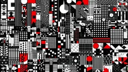 An abstract and geometric illustration by Malevich and Kuniyoshi of a black and white digital city filled with symbols with an anarchist red and back flag.