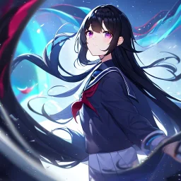 Clear focus, High resolution, Black long fluffy hair, purple eyes, wearing a sailor uniform, shattered rainbow in triagle formation