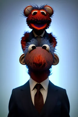 Waist up muppet Portrait, Vladimir Putin as muppet doll, Black suit, photo studio, blue background, unreal engine 5, concept art, art station, god lights, ray tracing, RTX, lumen lighting, ultra detail, volumetric lighting, 3d.