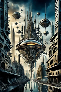 a stunningly weird image of a futuristic metropolis using Salvador Dali's paranoiac-critical method, where buildings and structures appear to melt into the skyline cityscape is filled with floating mad, twisted sharp metal shapes that interact with the buildings and each other, forming a surreal tableau of a dreamlike reality. neu-steampunk vibe, essence of the scene in a cinematic manner, with dramatic shadows that enhance the distorted perspectives and bizarre, futuristic surreal vibe