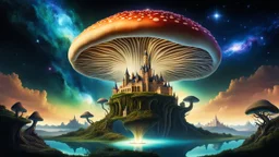 (Surreal): "A surreal dreamscape featuring a gigantic, glowing mushroom with an ornate, ancient-looking castle built into its structure, floating island, roots extending downwards, cosmic background, stars, nebulae, in the style of Salvador Dali, hyperdetailed."