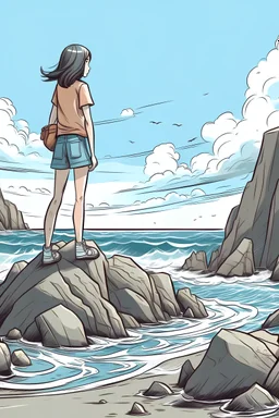 Buatlah gambar tentang anak perempuan yang sedang berdiri di atas batu-batuan pantai