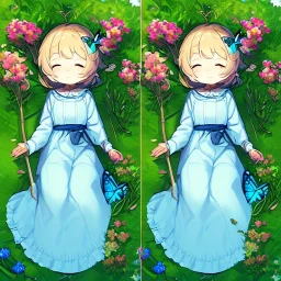 tiny anime girl sleeping in the distance, laying down in a field of flowers, underneath a willow tree, with a butterfly on her nose, hand detail looks human.zoom out. zoom out