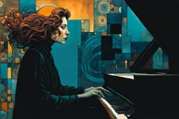 create an abstract expressionist, highly ethereal, darkly magical illustration of a deeply sorrowful, woman at her piano, with highly detailed and deeply cut facial features, in the style of GUSTAV KLIMT, PABLO PICASSO, EDWARD BURNE-JONES, WILLIAM MORRIS, and KATHE KOLLWITZ combined with the comic art style of BILL SIENKIEWICZ and JEAN GIRAUD MOEBIUS, searing lines and forceful strokes, precisely drawn, boldly inked, and darkly colored