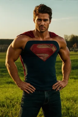 Full-length image, head to toe, create a photorealistic portrait of an extremely muscular Tom Welling Superman standing outside the Kent Farmhouse in a green field with his hands on his hips, in the late afternoon, with natural sunlight casting warm golden light across his face revealing every wrinkle and the texture of his skin, sharp focus on his eyes showing depth, moisture, reflections, with a soft bokeh background