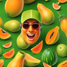 Ilustración de una papaya con cara humana, zapatos tenis y gorra, clima de verano, calidad ultra, hiperdetallado, 8k, 3d, colores complementarios