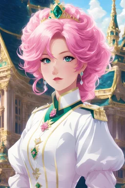 2D anime style. With hair like cotton candy, pink and bright, Eyes of emerald, shining with pure delight. In a white and navy uniform she stands, A sparkling green diamond adorning her commands. Surrounded by a palace, regal and grand, Where vivid colors paint a kingdom's brand. She's a vision of enchantment, a royal sight, In this magical realm, where dreams take flight.