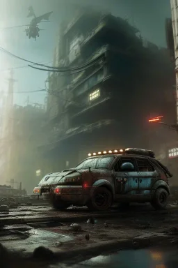 Armor car robot post-apocalyptic cyberpunk city, realistic, intriacte detail, sci-fi fantasy style, volumetric lighting, particales,highly detailed,cinamatic, deep colours,8k