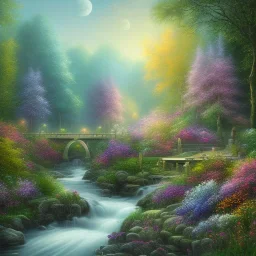  pastel colors, abstract art, garden of flower with cascades and river