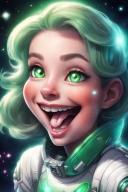 Star with green eyes, smiling with her tongue out, she shines a lot! It's in space