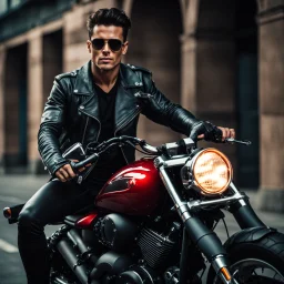 Handsome and muscular Biker sitting astride a motorbike wearing a leather jacket and dark sunglasses