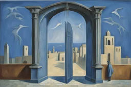 an open gothic gate in a blue-tiled wall with a view of an old city by artist "Rene Magritte",by artist "Leonora Carrington"