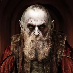 very grainy discolored modern photo, closeup portrait, dark ancient hall with no lights, grunge, extremely old male with chalk-white skin wearing old dashing and opulent gilded clothes, threatening, imposing, nosferatu, ventru