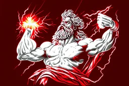 Detailed and realistic illustration of Greek god Zeus holding holding lightning. Vintage style illustration. Red and white lightning. Ultra high resolution.