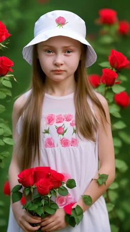 A 7-year-old little girl from Russia holds a lot of roses and puts them on her face, wears a plain white bucket hat, puts roses in front of her face so that her face is not visible, (many flowers: 1.2), soft light, golden hour, upper body, HDR, 8K, Natural Skin Texture, AO, Complex, Highly Detailed, Sharp Focus, Crazy Detail, Intricate Detail, Highly Detailed, The Girl Looked Down