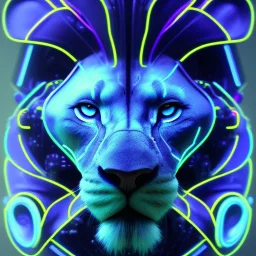 A beautiful portrait of a cyborg lion blue neon color scheme, high key lighting, volumetric light high details psychedelic background