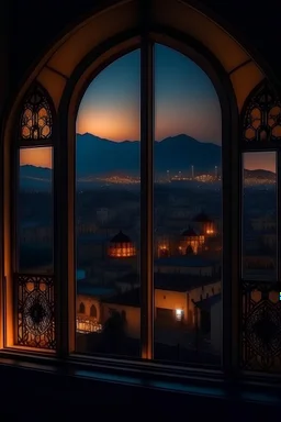 Fenster Ausblick auf persische Stadt am Abend gerade Perspektive