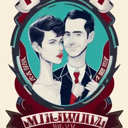 Adwertisment wine label. A woman lady in her 40 and her male colleague with short hair, with muscles, without glasses- drinking fresh red wine with smiles. funny, ,simple drawing.