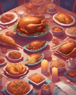 Thanksgiving dinner, high res, 4k, isometric, procedural art, artstation, volumetric lighting, in the style of 90s anime, detailed, high quality, dreamy, glowing, glimmer, shadows, oil on canvas, brush strokes, smooth