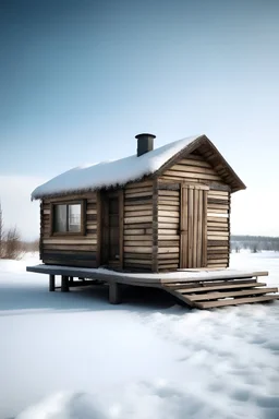 "Generate an image of a warming hut situated on 14'-0" (4.26m) Long x 7'-0" (2.13m) Wide skids in Winnipeg, Canada. The scene should reflect a snowy and icy environment, with the hut surrounded by wintry landscapes. However, for a creative twist, incorporate elements that distinctly represent Nigeria, such as indigenous patterns, colors, or cultural symbols. The image should capture the contrast between the Canadian winter setting and the Nigerian cultural influence, creating a unique and visual