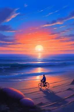 Picture a serene beach scene with an expansive ocean stretching out into the horizon. The sky is a canvas of colors blending from shades of deep blue near the top to soft purple and oranges where the sun is setting. The sun is a glowing ball, nearly touching the horizon, casting a warm, purple hue across the sky. In the foreground, a big man on a bike.