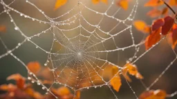 Frame the delicate intricacy of a spider's web adorned with morning dew against a backdrop of vibrant autumn foliage."