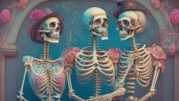 Famous Skeleton Couple Posing together wearing 1920's Hollywood Grandeur; Surreal, Intricately Detailed, Beautiful, Colorful, award-winning, high definition, ultra-detailed, beautiful, rose tones