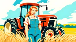 pretty 20 years old girl, dressed in work overalls, stands new tractor with open cabin, sunny day, field of wheat around, pin-up