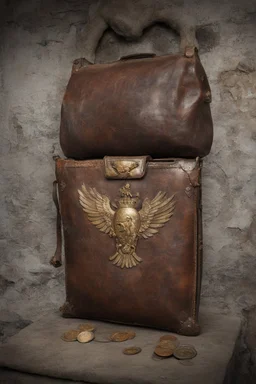 in the BASEMENT there is an old, broken brown oblong leather chest with short handles, with a hole on the side, gold coins from the time of Catherine the Great fall out of it. The ancient coat of arms of tsarist Russia, the double-headed eagle, is BARELY VISIBLE on the bag. All in high quality 8K