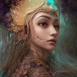 Insanely detailed photograph of an “portrait of gorgeous goddess ” with intricate hair, intricate embroidered dress, beautiful clear face and hyperdetailed painting by Ismail Inceoglu Huang Guangjian and Dan Witz CGSociety ZBrush Central fantasy art album cover art,8K, hdr, romantic, mysterious, ominous, flowers, jewelry, comfort, natural eyes, "arms open for embrace"