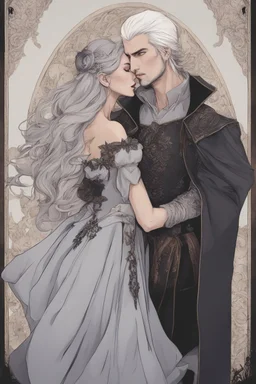 Strahd Von Zarovich being kissed by a beautiful woman with white hair, wearing an off the shoulder dress. Settling and background are a lavish toomb with an ebony coffin.