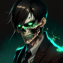 man, half-elf, young, noble, suit, skull mask covers half of the face, pale skin color