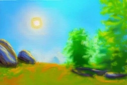 Sunny day, trees and rocks impressionism painting