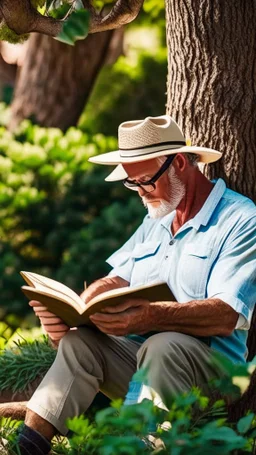 A man wears a white Dad Hat and wears glasses and is busy reading with a tree behind him, high resolution, and the image focuses on the Dad Hat