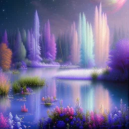 one big Cosmic crystal subtle in a galactic ambiance , blue lake, delicate flowers, delicate colors, bin the foreground, full of details, smooth，soft light atmosphere, light effect，vaporwave colorful, concept art, smooth, extremely sharp, masterpiece, best quality, blue skinned, sparkling,8k, , sun light, 8K, RAW, depth of field,high contrast,