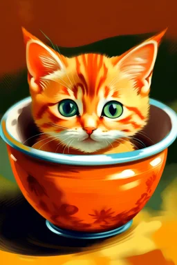 Retrato de un Pequeño gatito naranja dentro de una taza estilo van gohg